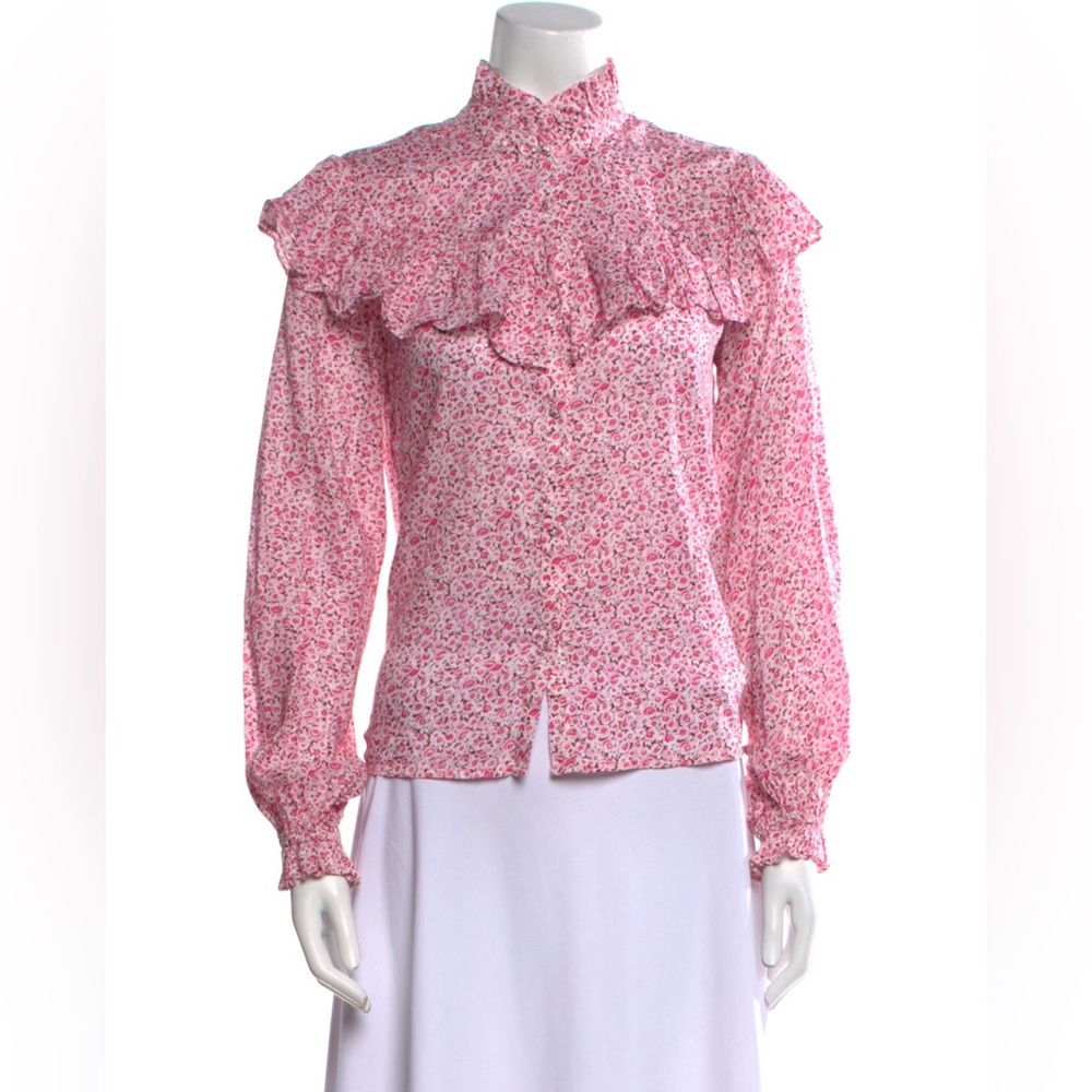 LoveShackFancy Erica Top Pink Floral Ruffle High Neck Blouse XS